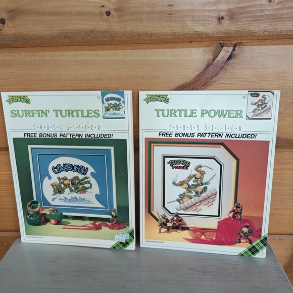 Plaid Other - Set of 2 Vintage 1990 TMNT Ninja Turtles Cross-Stitch Turtle Power Cowabunga F3